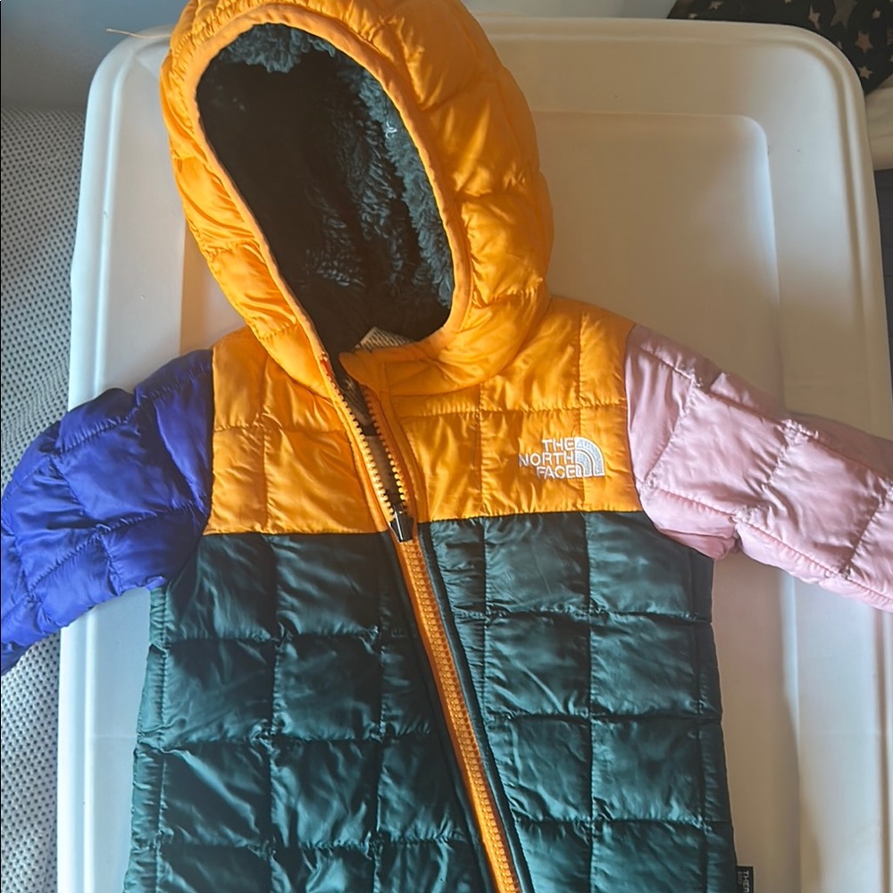 The North Face Colorblock Hooded Puffer Jacket - Yellow, Green, Purple, Pink
